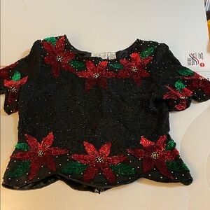 Scala Black Top with Red and Green Beaded Flowers